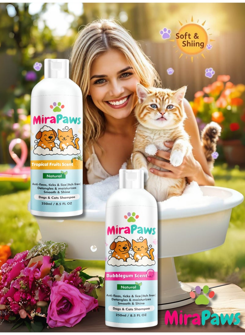 MiraPaws Pets Shampoo - Tropical Fruits Scent 250ml + Bubblegum Sent 250ml (Pack of 2) - Image 2